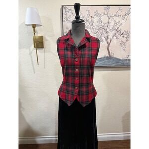 Classiques Entier Red Plaid Wool Vest Womens Medium Made in Japan Tartan Button
